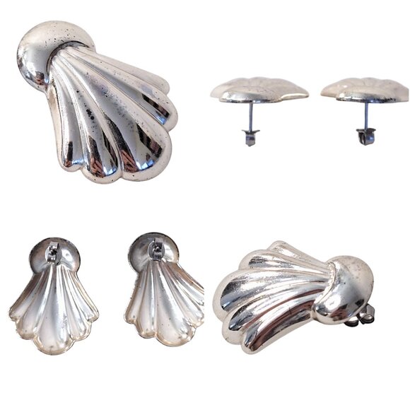 Vintage Avon Art Deco Silver Plated Shell Pierced Earrings Mermaidcore 80s 90s - Picture 4 of 5